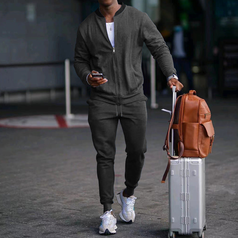 Dark Grey Men's Jogger Sweatpants and Jacket Matching Set, Athletic Clothes and Gym Wear