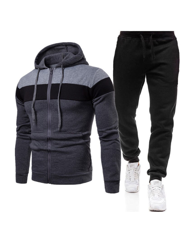 Black and Grey Men's Sweatpants and Sweatshirt with Hood Sweatsuit Matching Set, Athletic Clothes and Fitness Wear