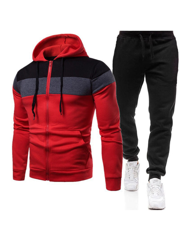 Black, Grey, and Red Men's Sweatpants and Sweatshirt with Hood Sweatsuit Matching Set, Athletic Clothes and Fitness Wear