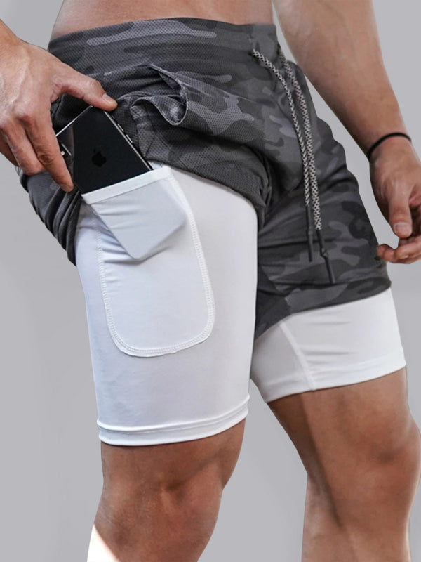 Grey Camo Men's Sports Running Shorts with Pockets, Athletic Clothes and Fitness Wear