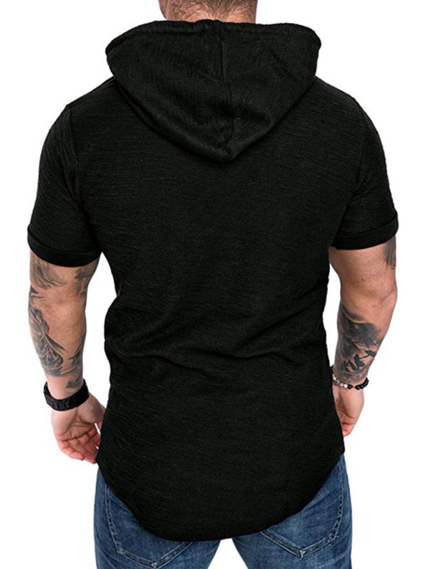 Black Men's Short Sleeve Shirt with Hood, Athletic Clothes and Fitness Wear