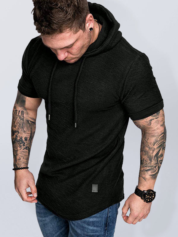 Black Men's Short Sleeve Shirt with Hood, Athletic Clothes and Fitness Wear
