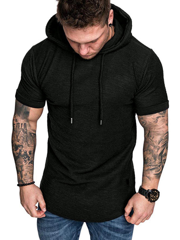 Black Men's Short Sleeve Shirt with Hood, Athletic Clothes and Fitness Wear