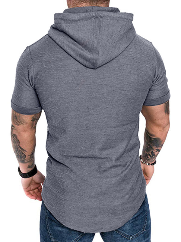Grey Men's Short Sleeve Shirt with Hood, Athletic Clothes and Fitness Wear