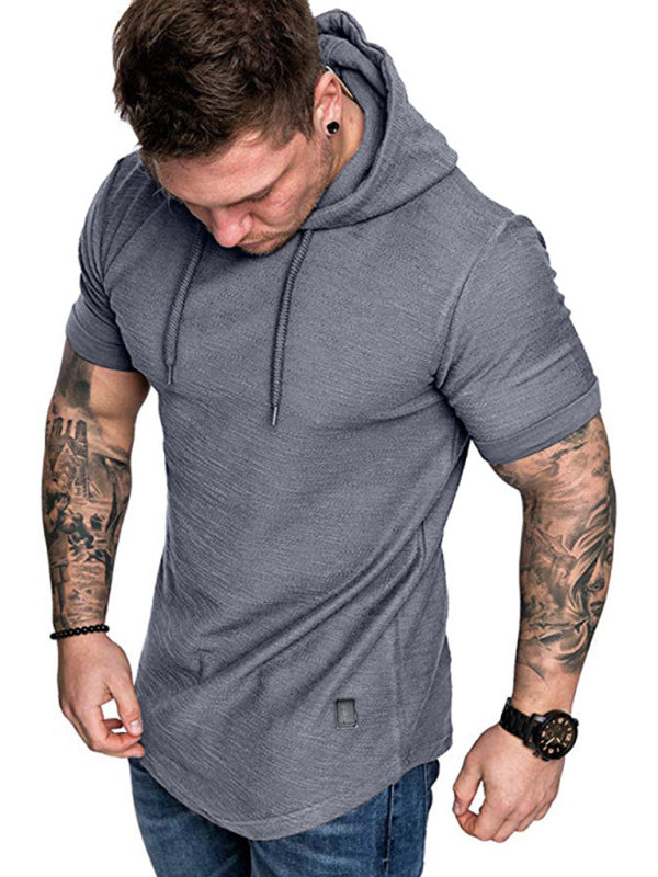 Grey Men's Short Sleeve Shirt with Hood, Athletic Clothes and Fitness Wear