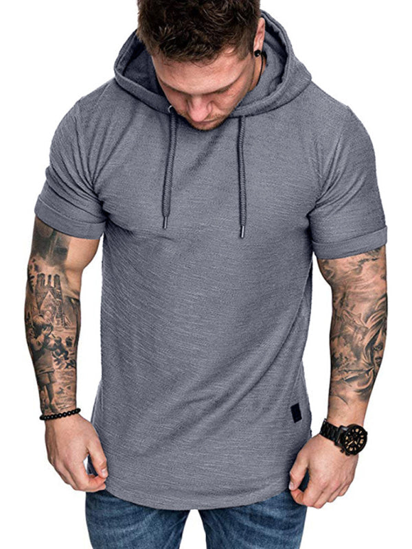 Grey Men's Short Sleeve Shirt with Hood, Athletic Clothes and Fitness Wear
