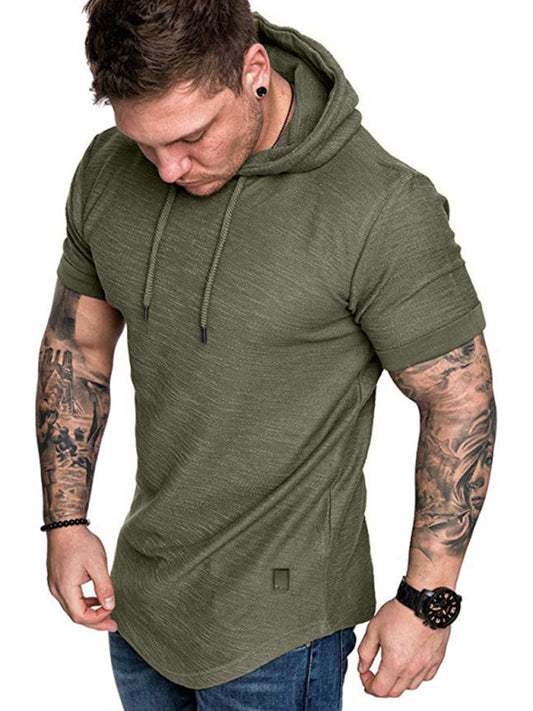 Green Men's Short Sleeve Shirt with Hood, Athletic Clothes and Fitness Wear