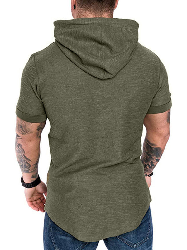 Green Men's Short Sleeve Shirt with Hood, Athletic Clothes and Fitness Wear