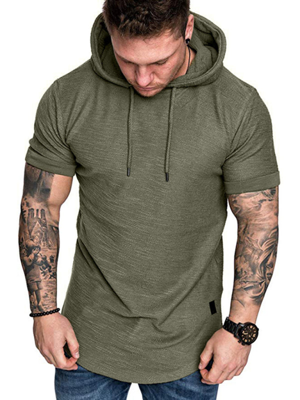 Green Men's Short Sleeve Shirt with Hood, Athletic Clothes and Fitness Wear