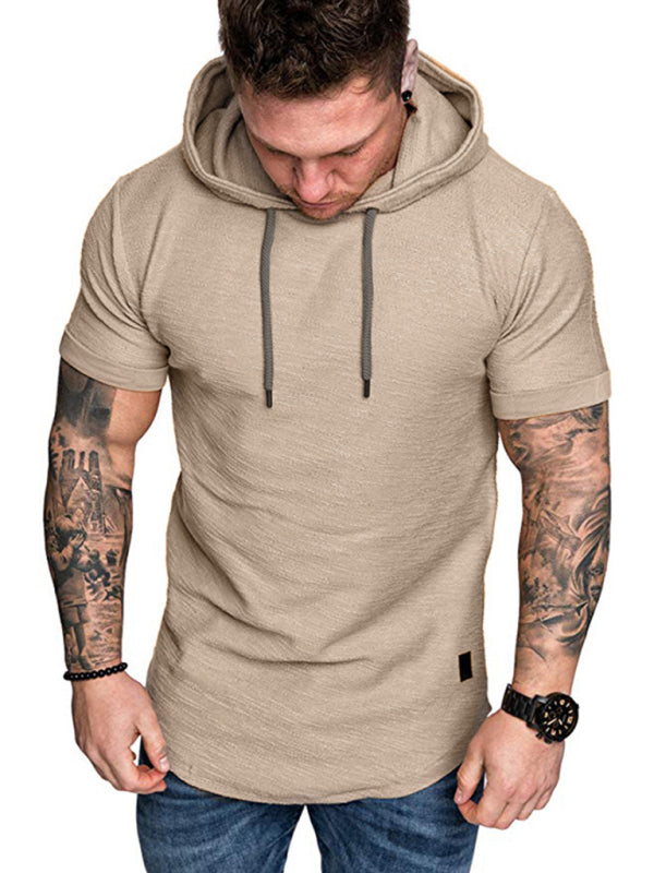 Khaki Men's Short Sleeve Shirt with Hood, Athletic Clothes and Fitness Wear