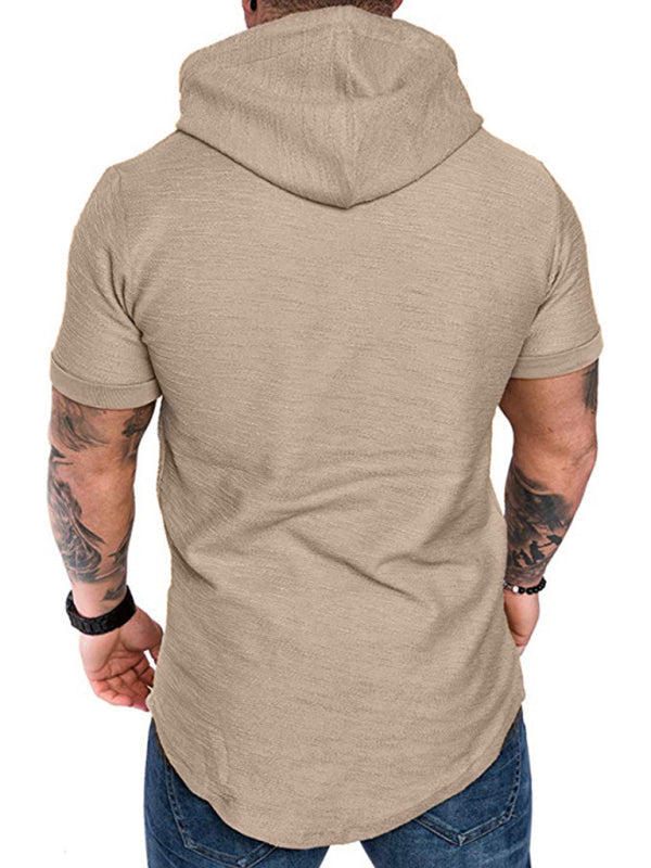 Khaki Men's Short Sleeve Shirt with Hood, Athletic Clothes and Fitness Wear