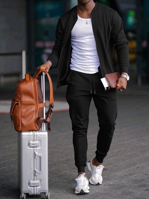Black Men's Jogger Sweatpants and Jacket Matching Set, Athletic Clothes and Gym Wear