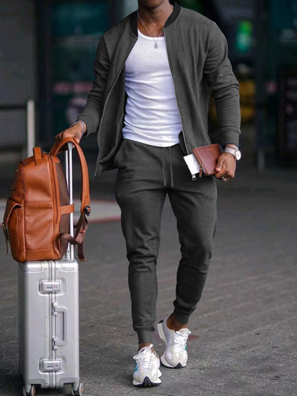 Dark Grey Men's Jogger Sweatpants and Jacket Matching Set, Athletic Clothes and Gym Wear