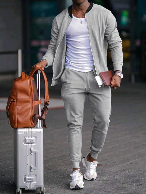 Light Grey Men's Jogger Sweatpants and Jacket Matching Set, Athletic Clothes and Gym Wear