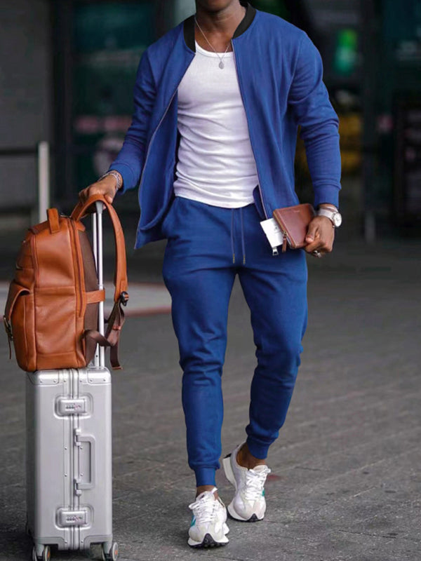 Blue Men's Jogger Sweatpants and Jacket Matching Set, Athletic Clothes and Gym Wear