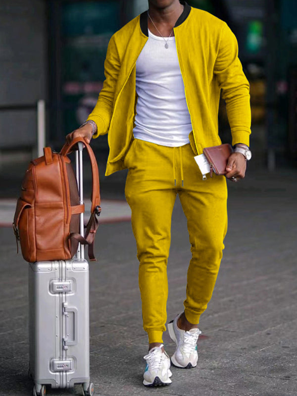 Yellow Men's Jogger Sweatpants and Jacket Matching Set, Athletic Clothes and Gym Wear