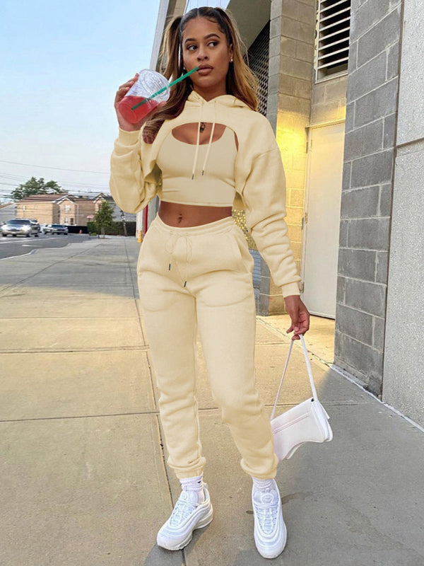 Khaki Women's Sweatpants, Tank Top, and Cutout Front Sweatshirt Matching Set, Athletic Clothes and Fitness Wear