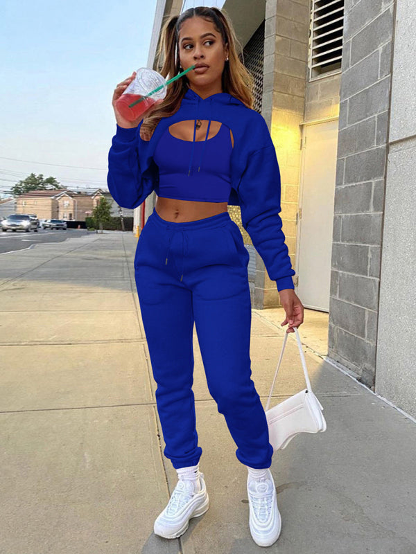 Blue Women's Sweatpants, Tank Top, and Cutout Front Sweatshirt Matching Set, Athletic Clothes and Fitness Wear