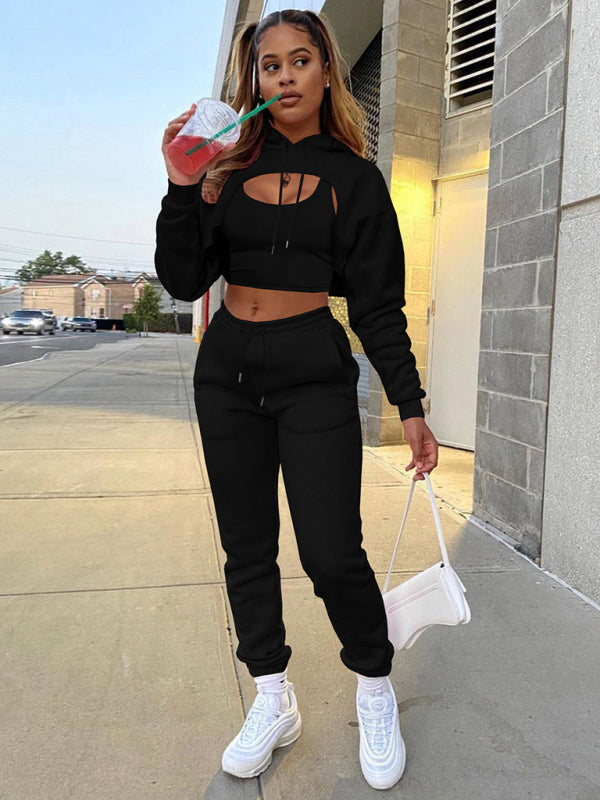 Black Women's Sweatpants, Tank Top, and Cutout Front Sweatshirt Matching Set, Athletic Clothes and Fitness Wear