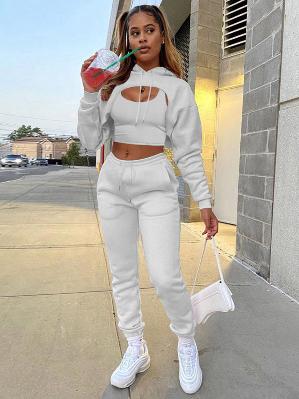 White Women's Sweatpants, Tank Top, and Cutout Front Sweatshirt Matching Set, Athletic Clothes and Fitness Wear