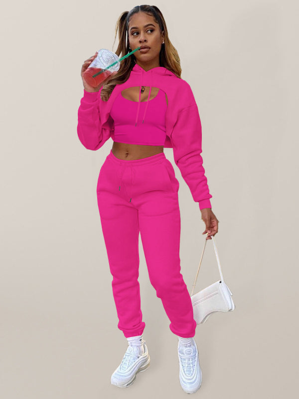 Hot Pink Women's Sweatpants, Tank Top, and Cutout Front Sweatshirt Matching Set, Athletic Clothes and Fitness Wear