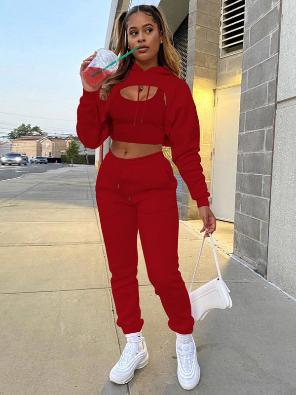 Red Women's Sweatpants, Tank Top, and Cutout Front Sweatshirt Matching Set, Athletic Clothes and Fitness Wear