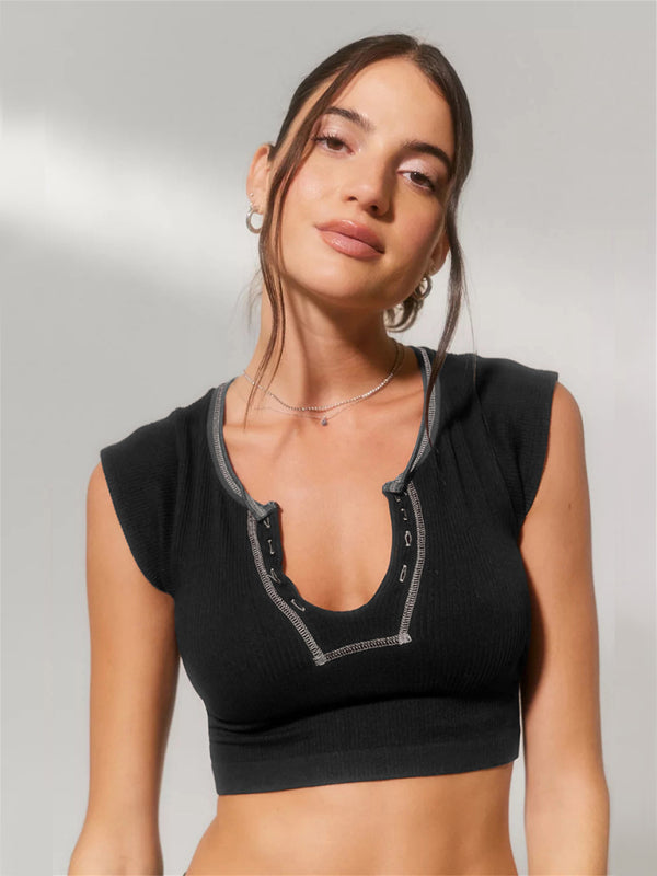 Black Women's Short Sleeve Crop Top Shirt, Athletic Clothes and Fitness Wear