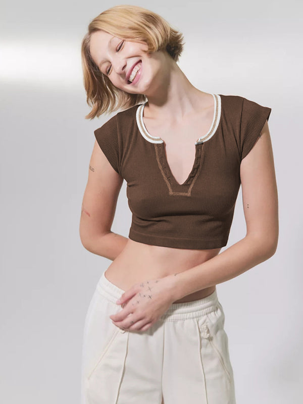 Brown Women's Short Sleeve Crop Top Shirt, Athletic Clothes and Fitness Wear