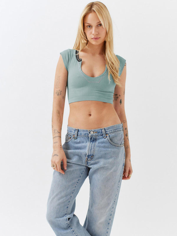 Teal Women's Short Sleeve Crop Top Shirt, Athletic Clothes and Fitness Wear