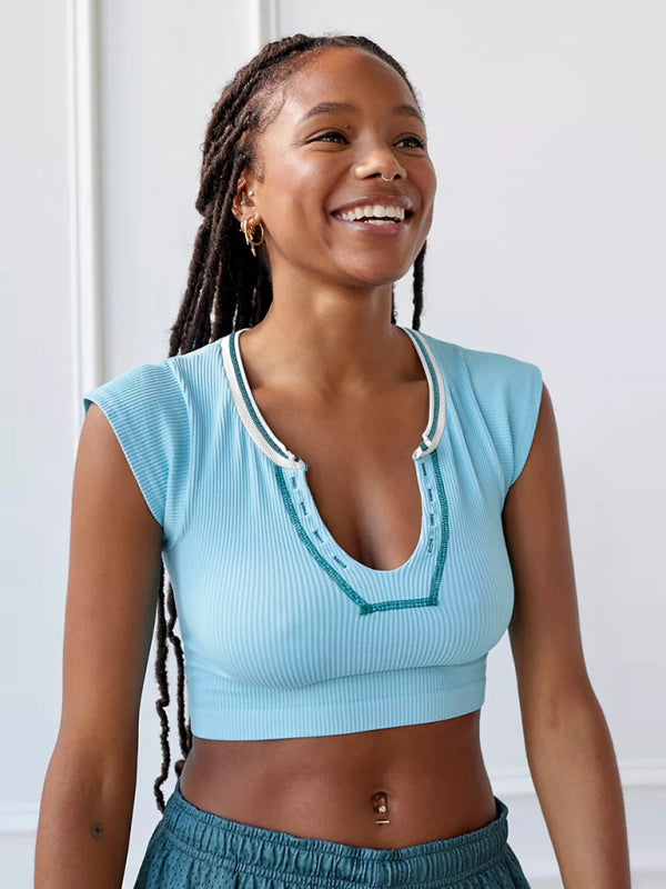Blue Women's Short Sleeve Crop Top Shirt, Athletic Clothes and Fitness Wear