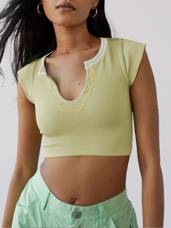 Yellow Women's Short Sleeve Crop Top Shirt, Athletic Clothes and Fitness Wear