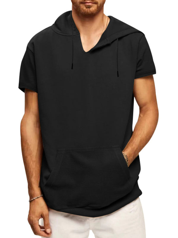 Black Men's Short Sleeve Hood Sweatshirt, Athletic Clothes and Fitness Wear
