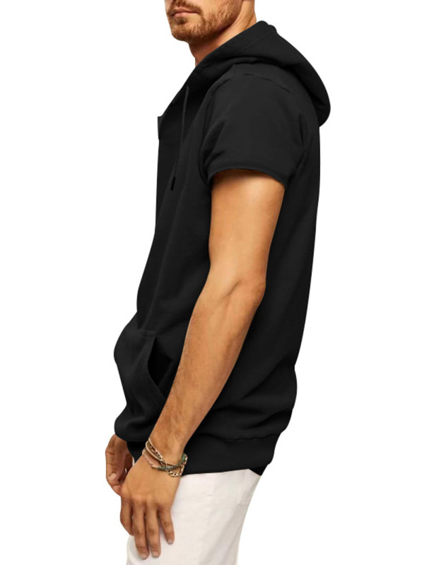 Black Men's Short Sleeve Hood Sweatshirt, Athletic Clothes and Fitness Wear