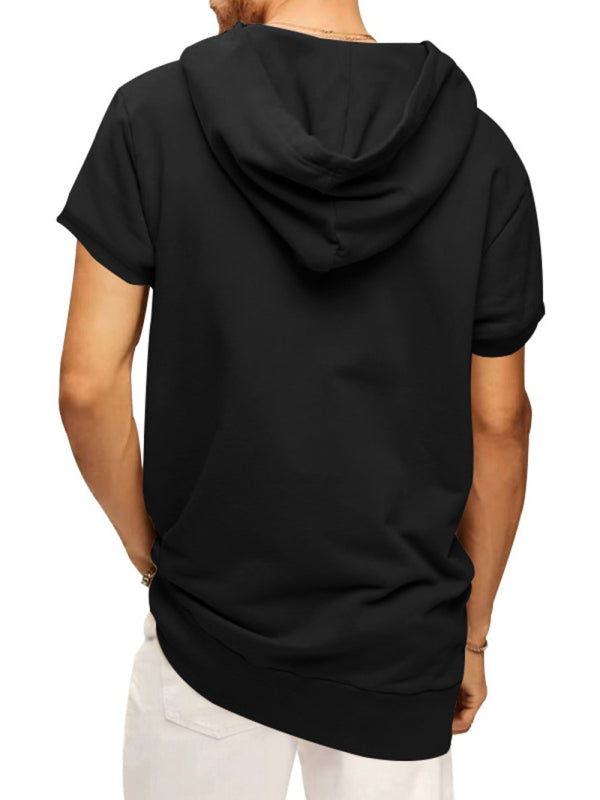 Black Men's Short Sleeve Hood Sweatshirt, Athletic Clothes and Fitness Wear