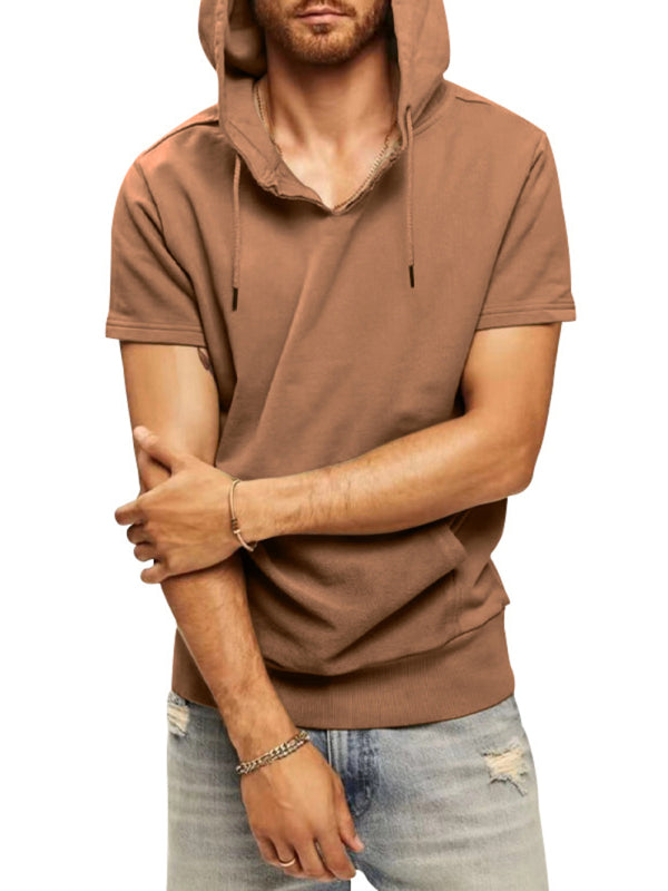 Brown Men's Short Sleeve Hood Sweatshirt, Athletic Clothes and Fitness Wear