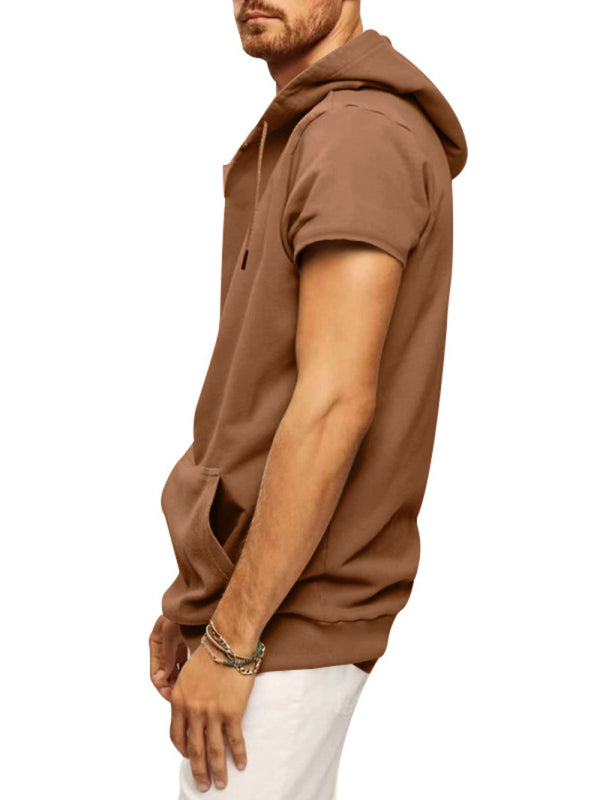 Brown Men's Short Sleeve Hood Sweatshirt, Athletic Clothes and Fitness Wear