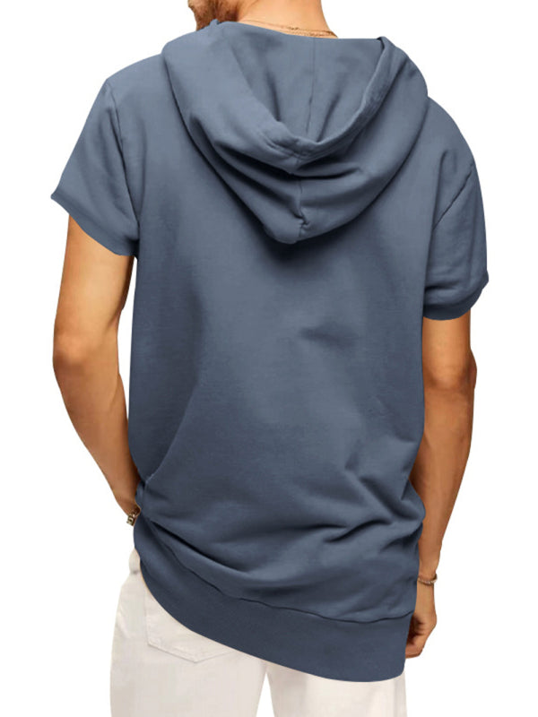 Grey Men's Short Sleeve Hood Sweatshirt, Athletic Clothes and Fitness Wear