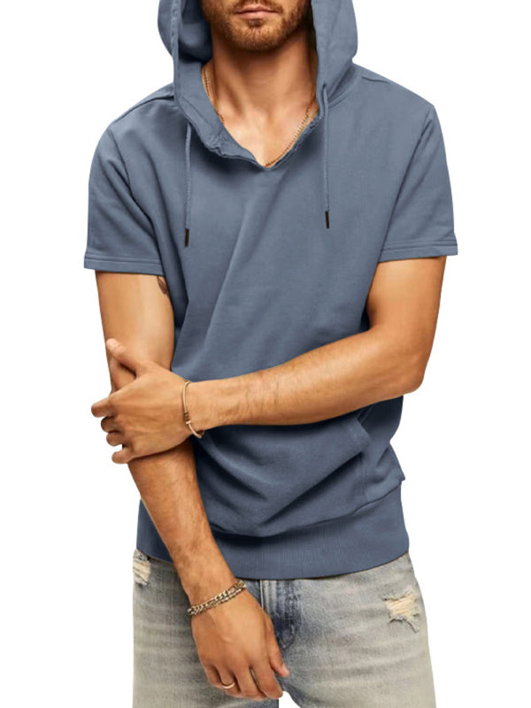 Grey Men's Short Sleeve Hood Sweatshirt, Athletic Clothes and Fitness Wear