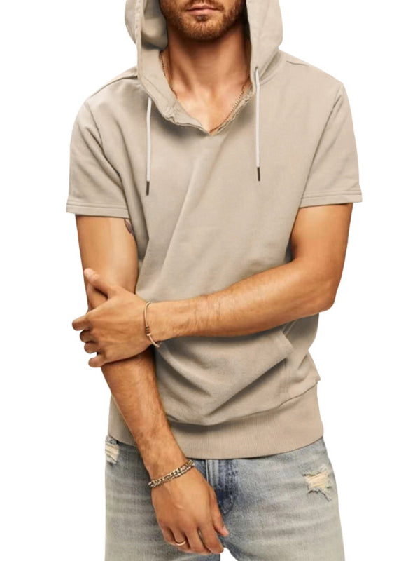Khaki Men's Short Sleeve Hood Sweatshirt, Athletic Clothes and Fitness Wear