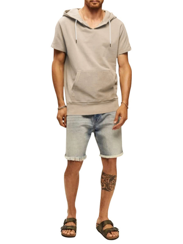 Khaki Men's Short Sleeve Hood Sweatshirt, Athletic Clothes and Fitness Wear