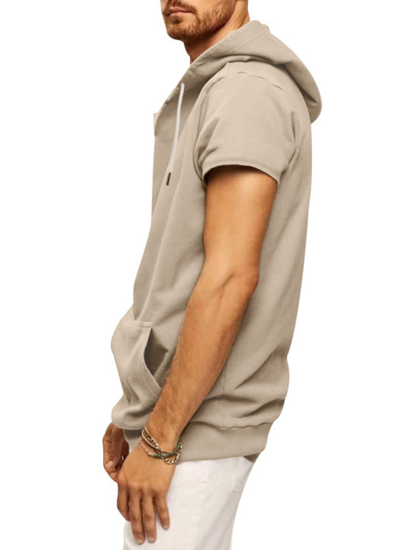 Khaki Men's Short Sleeve Hood Sweatshirt, Athletic Clothes and Fitness Wear