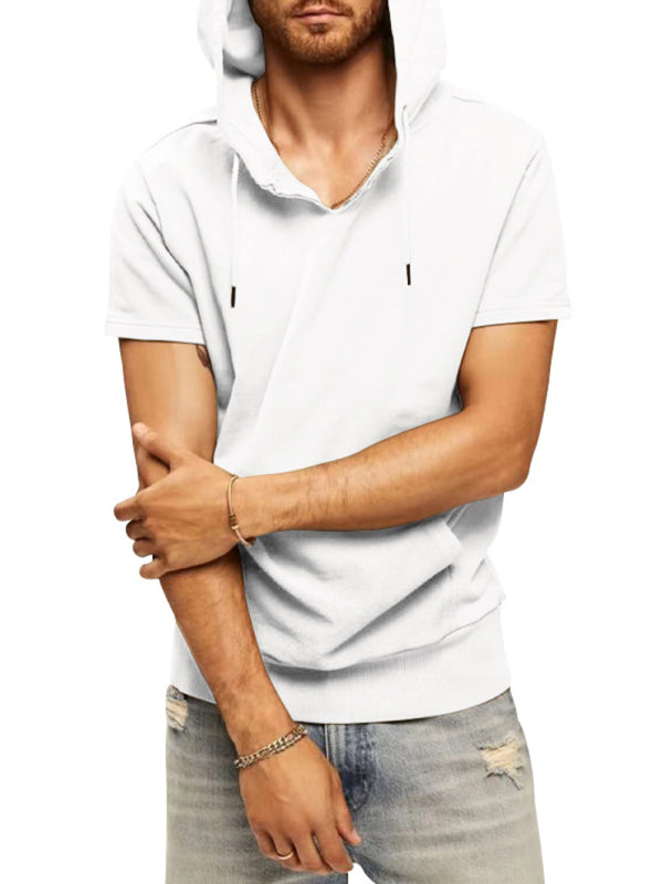White Men's Short Sleeve Hood Sweatshirt, Athletic Clothes and Fitness Wear