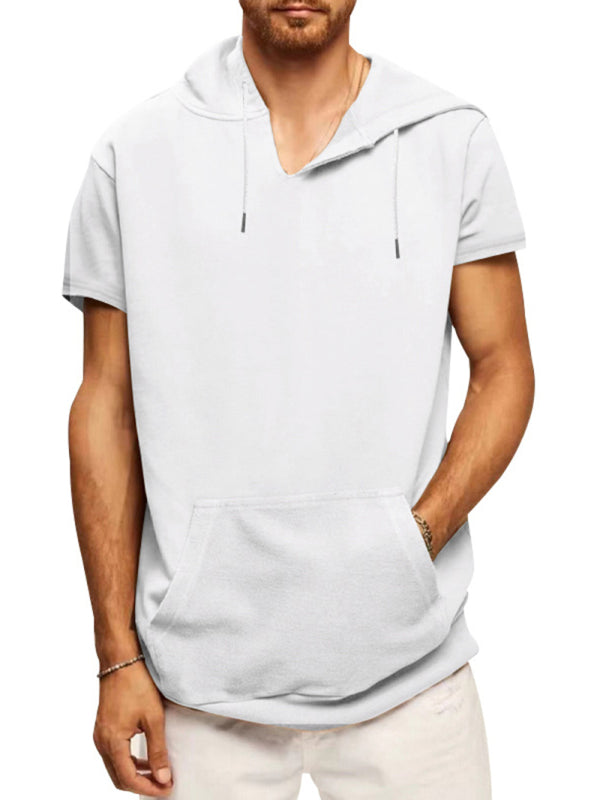 White Men's Short Sleeve Hood Sweatshirt, Athletic Clothes and Fitness Wear