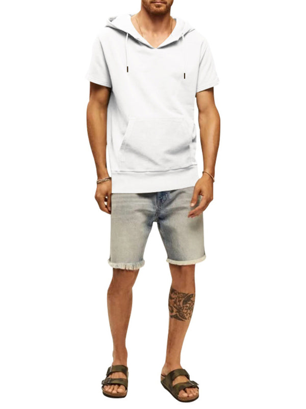 White Men's Short Sleeve Hood Sweatshirt, Athletic Clothes and Fitness Wear