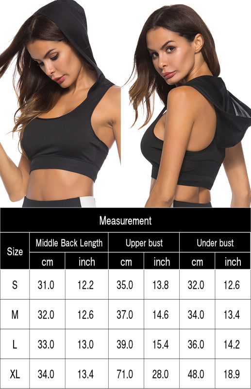 Black Women's Sports Bra with Hood, Athletic Clothes and Fitness Wear