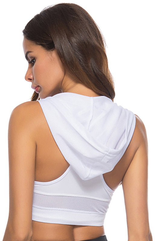 White Women's Sports Bra with Hood, Athletic Clothes and Fitness Wear