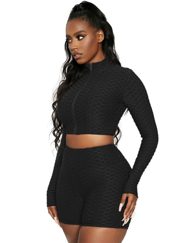 Black Women's Shape Wear Jacket and Shorts Matching Set, Athletic Clothes and Fitness Wear