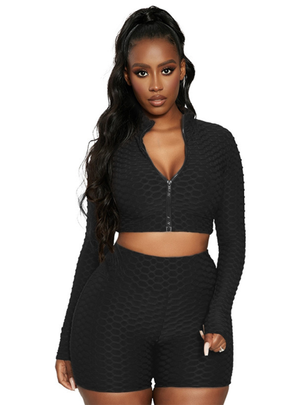 Black Women's Shape Wear Jacket and Shorts Matching Set, Athletic Clothes and Fitness Wear