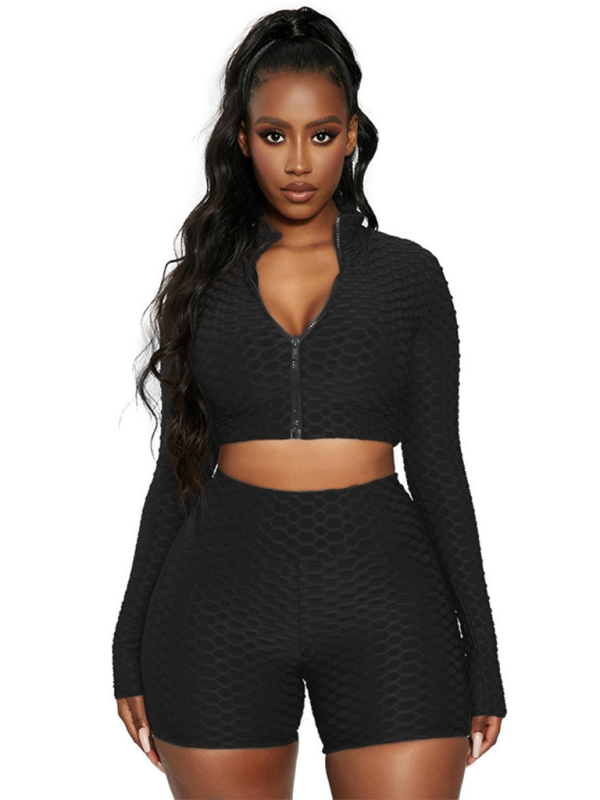 Black Women's Shape Wear Jacket and Shorts Matching Set, Athletic Clothes and Fitness Wear