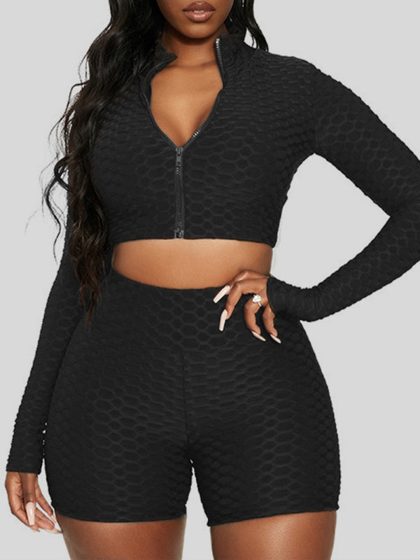 Black Women's Shape Wear Jacket and Shorts Matching Set, Athletic Clothes and Fitness Wear
